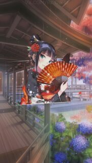 Beautiful Anime Girl with Kimono and Fan in Rain Wallpaper for Mobile
