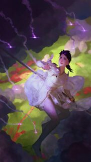 Fantasy Warrior Girl in White Dress Amidst Purple Magic Sparks Wallpaper