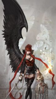 Gothic Fallen Angel with Sword and Skeleton Dog Mobile Wallpaper