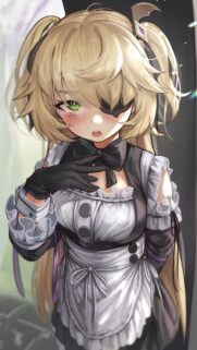 Blonde Anime Maid Girl with Green Eyes and Eyepatch High Resolution Mobile Wallpaper