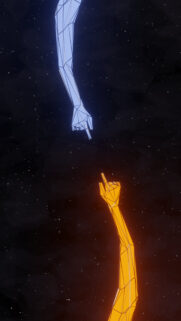 Minimalist Low Poly Blue and Orange Hands Reaching Out Against Dark Space Wallpaper