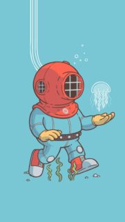 Cute Scuba Diver with Jellyfish Illustration Mobile Wallpaper