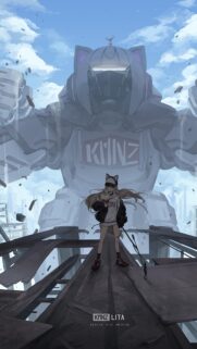 Anime Girl with Giant Mecha Robot in Post Apocalyptic City Wallpaper