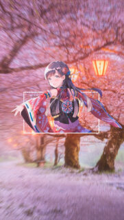 Beautiful Anime Girl in Traditional Kimono Under Cherry Blossom Trees Wallpaper