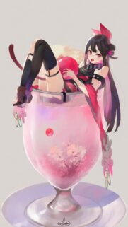 Cute Anime Girl Relaxing in a Cherry Blossom Drink Wallpaper