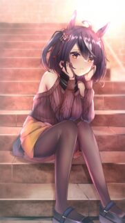 Cute Anime Girl Sitting on Stairs Wallpaper in Warm Sunset Lighting