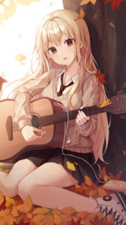 Anime Girl Playing Acoustic Guitar in Autumn Park Mobile Wallpaper