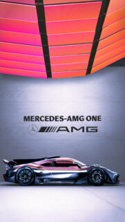 Mercedes-AMG One Hypercar Studio Wallpaper in Stunning Neon Pink and Metallic Silver