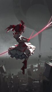 Anime Girl With Red Laser Bow in Post Apocalyptic City Wallpaper