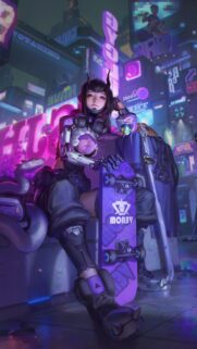 Cyberpunk Skater Girl with Neon Lights and Futuristic Cyborg Armor Wallpaper