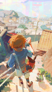 Anime Trainer Exploring Scenic Japanese Town Mobile Wallpaper