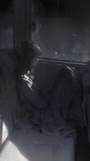 Melancholic Anime Girl Looking Out Of Train Window Night Aesthetic Wallpaper