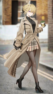 Elegant Blonde Anime Girl in Trench Coat and Plaid Skirt Aesthetic Wallpaper