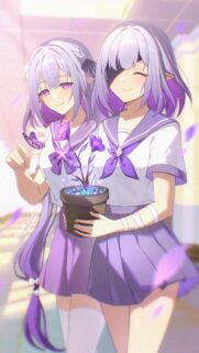 Beautiful Anime Girls with Purple Hair Holding Potted Flowers Wallpaper