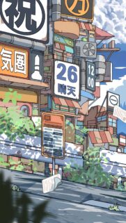 Anime City Street Scene With Retro Neon Signs and Overgrown Greenery Mobile Wallpaper