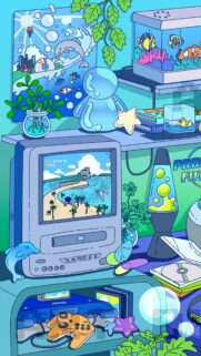 Aesthetic Retro Gaming Room Wallpaper with Blue Ocean Vibes and Neon Colors