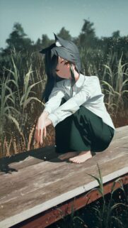 Anime Cat Girl Sitting on Wooden Plank in Grassy Field Wallpaper for Mobile