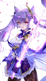 Stunning Keqing Genshin Impact Anime Girl Wallpaper with Purple Glow Energy Sword