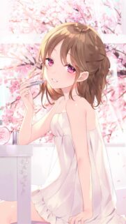 Anime Girl Applying Lipstick Near Cherry Blossoms Wallpaper for Mobile