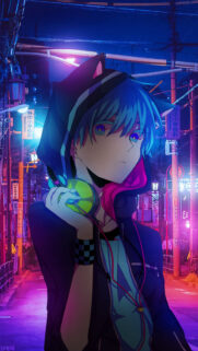 Anime Boy with Headphones Cyberpunk City Night Aesthetic Wallpaper