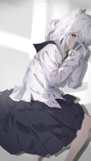 Anime Girl with White Hair and Blue Eyes Holding Phone Wallpaper for Mobile