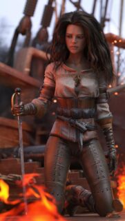 Fantasy Warrior Woman Holding Sword amidst Battle Fire 4K Wallpaper