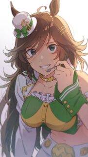 Cute Anime Girl Jockey in Green and Gold Outfit Wallpaper