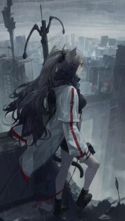 Anime Girl Archer in Rainy Cyberpunk City Wallpaper High Quality Mobile Background