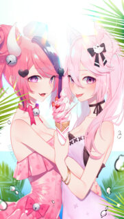 Cute Anime Girls with Pink Hair and Ice Cream Summer Wallpaper 4K
