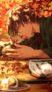 Anime Boy With Cute Cat Autumn Aesthetic High Definition Mobile Wallpaper