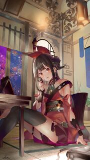 Beautiful Anime Girl Applying Lipstick in Traditional Japanese Interior Wallpaper