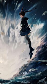 Amiya Arknights Anime Girl Floating Above Turbulent Sea Mobile Wallpaper