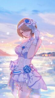 Stunning Anime Girl in Elegant White Rose Dress at Sunset Wallpaper