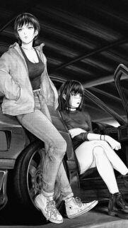 Stunning Anime Girls with Sports Car Aesthetic Black and White Wallpaper