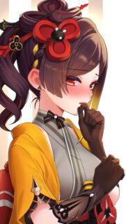 Beautiful Anime Girl With Red Eyes and Traditional Floral Hairpiece Wallpaper
