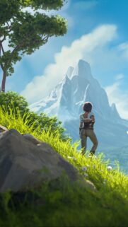 Stunning Anime Adventurer Looking at Snow Capped Mountains Mobile Wallpaper