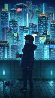 Lonely Boy with Dog in Neon Cyberpunk Cityscape Mobile Wallpaper