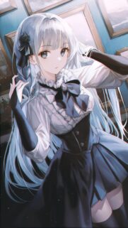 Beautiful Anime Girl with Long Silver Hair in Victorian Outfit Mobile Wallpaper