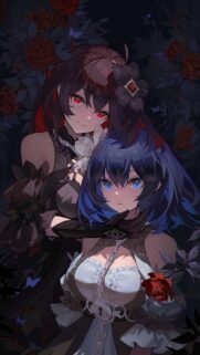 Stunning Anime Girls in Dark Rose Garden Wallpaper for Mobile