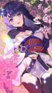 Raiden Shogun Genshin Impact Anime Girl Lying Under Cherry Blossoms Mobile Wallpaper