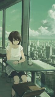 Anime Girl Sitting in High Rise City Cafe Aesthetic Wallpaper