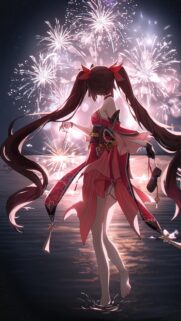 Anime Girl With Fireworks Reflection High Resolution Mobile Wallpaper