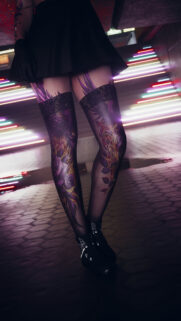 Cyberpunk Aesthetic Girl with Floral Tights Neon Lights Wallpaper