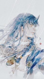 Ethereal Blue Horned Anime Boy Watercolor Art Wallpaper for Mobile