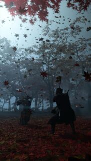 Ghost of Tsushima Samurai Duel Amidst Falling Maple Leaves Mobile Wallpaper