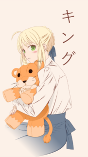 Cute Anime Girl Saber Hugging Lion Plush Wallpaper for Mobile