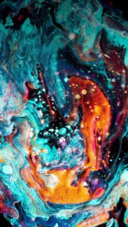 Abstract Liquid Fluid Art Wallpaper with Neon Blue and Fiery Orange Swirls