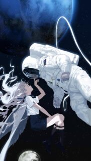 Anime Girl Touching Astronaut Helmet in Space Aesthetic Mobile Wallpaper