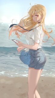 Anime Girl with Blonde Hair at the Beach Phone Wallpaper High Definition