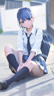 Beautiful Anime Schoolgirl Sitting Outdoors High Resolution Mobile Wallpaper